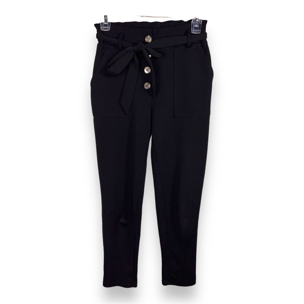 SMALL JUNIORS DEREK HEART BLACK PANTS PAPERBAG PANTS STRETCH BELTED